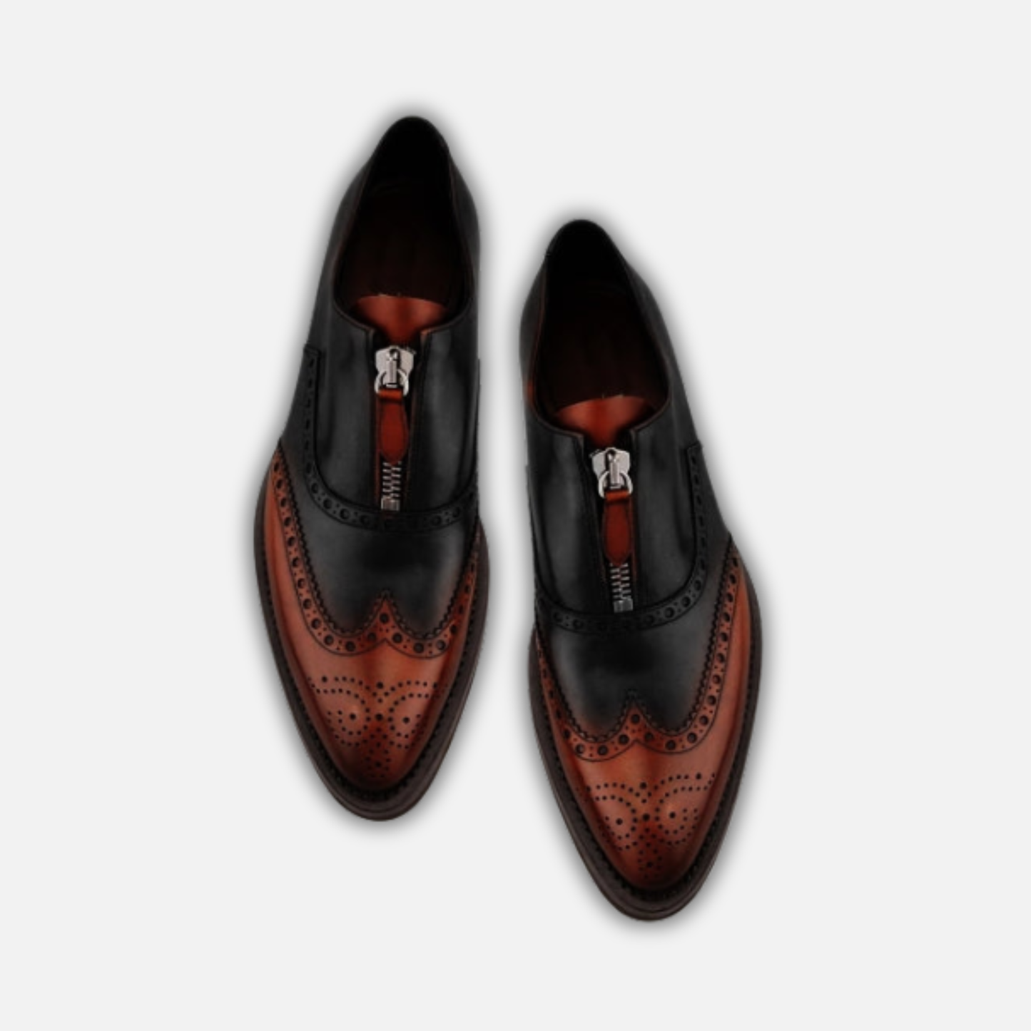 Men's Brown & Black Leather Wingtip Zipper Shoes