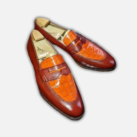 Men's Two Tone Tan Brown Alligator Leather Penny Loafers