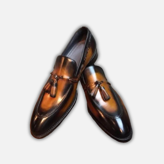 Handmade Men's Brown Patina Leather Tassel Loafers