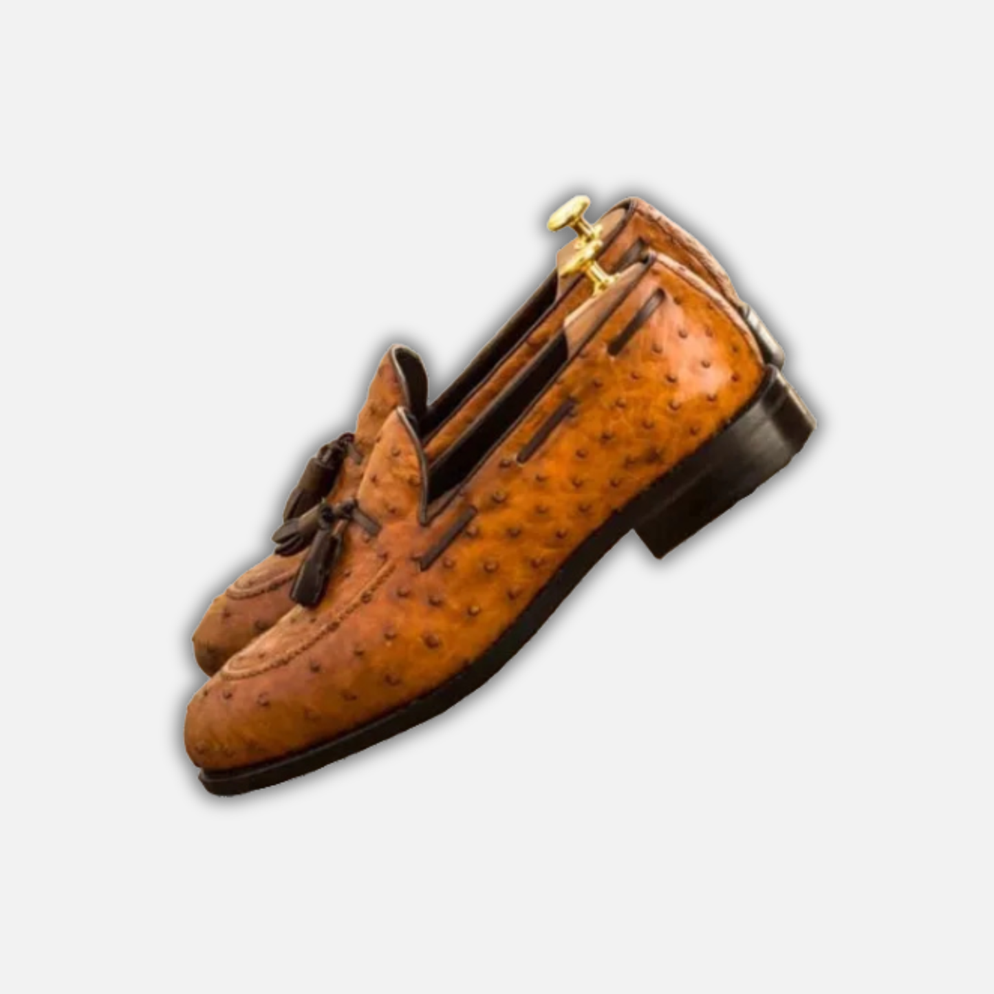 Handmade Men's Tan Brown Ostrich Leather Tassel Loafers