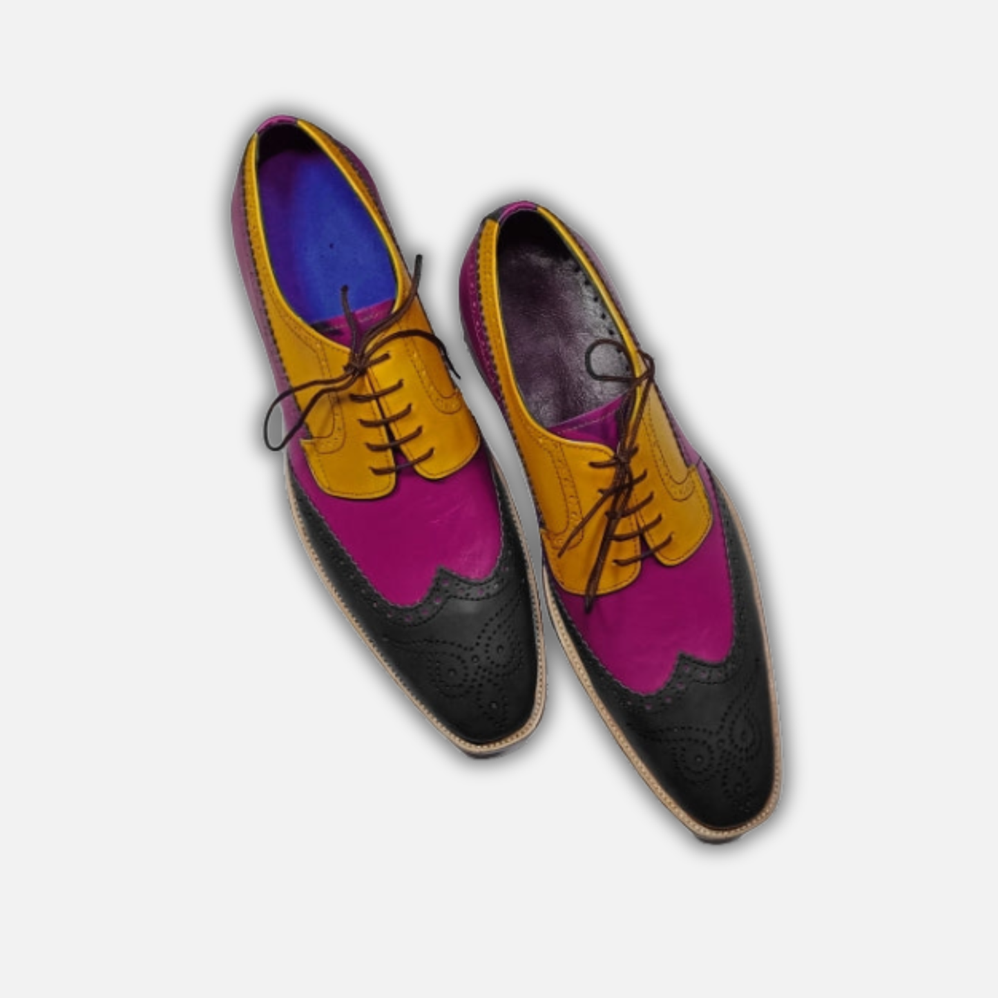 Handmade Men's Tri Tone Leather Wingtip Oxford Shoes