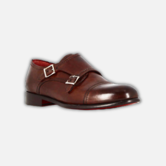 Italian shoe with double buckle for men in light brown suede