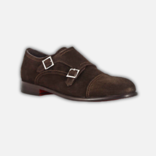 Men's double buckle shoe in dark brown suede