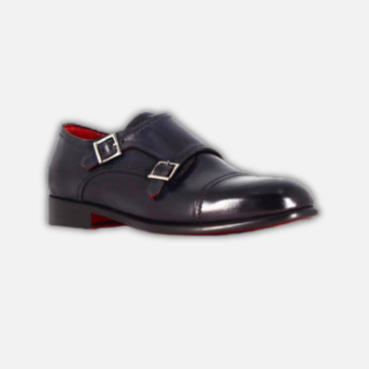 Men's double buckle shoe in dark blue smooth leather