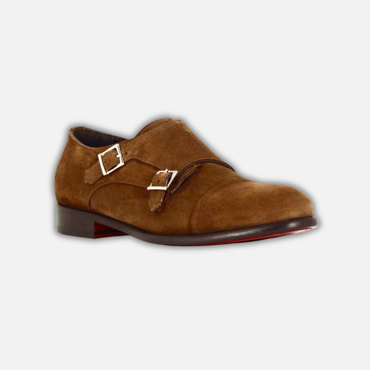 Double buckle men's shoe in light brown suede