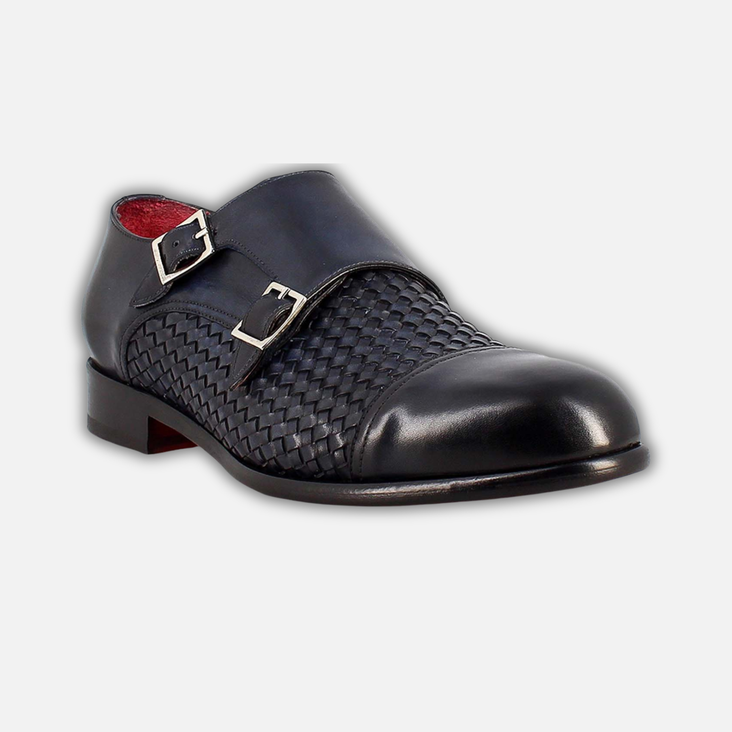 Men's double buckle shoe in blue woven leather