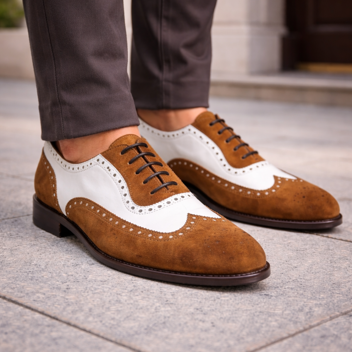 Men's Brown & White Suede Leather Wingtip Shoes