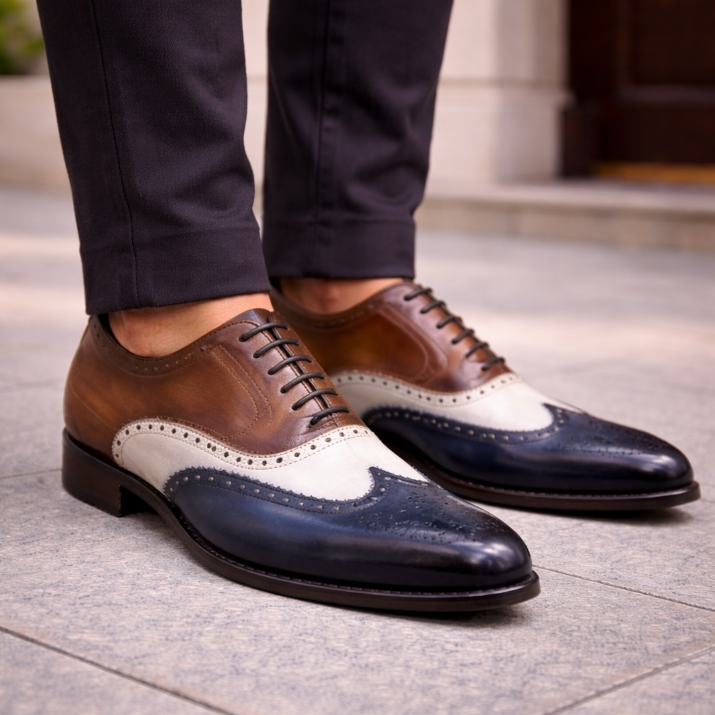 Men's Tri Tone Patina Leather Wingtip Oxford Shoes