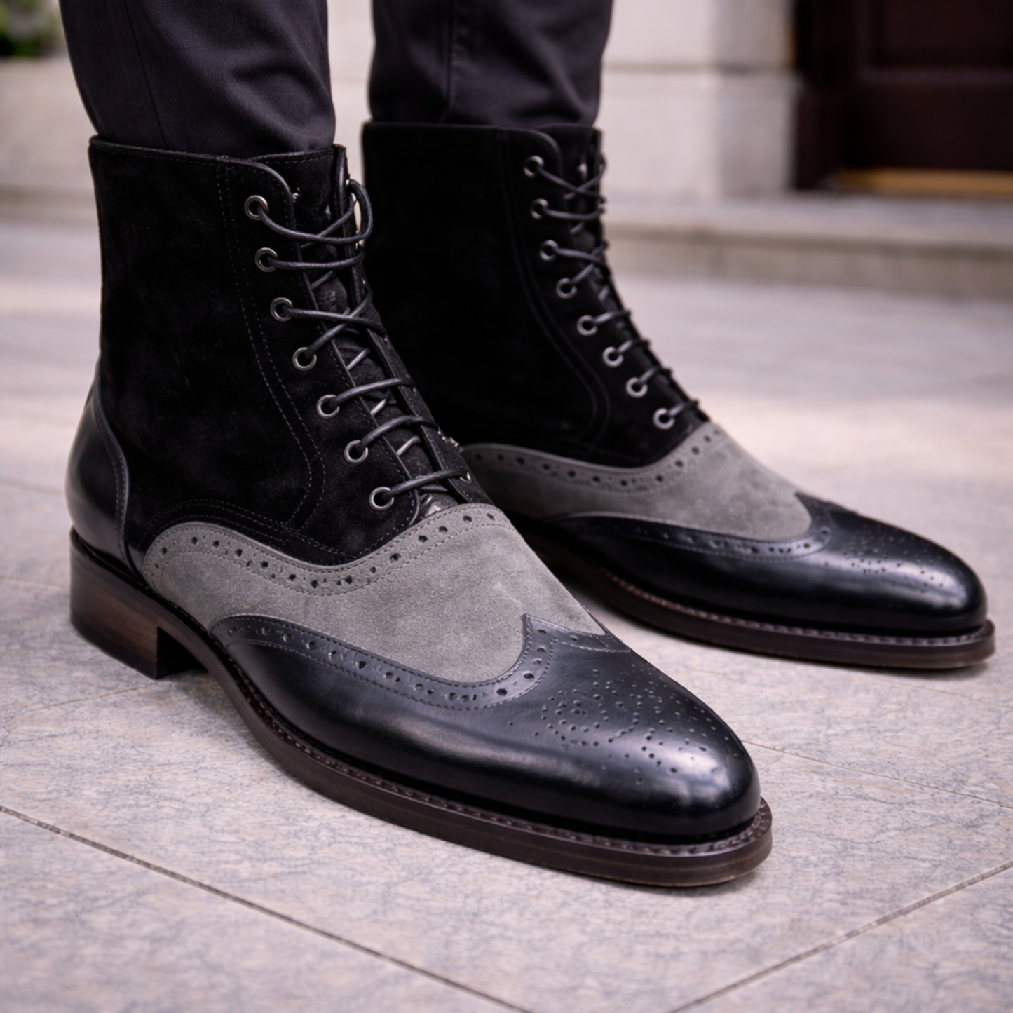 Men's Grey & Black Suede Leather Wingtip Boots
