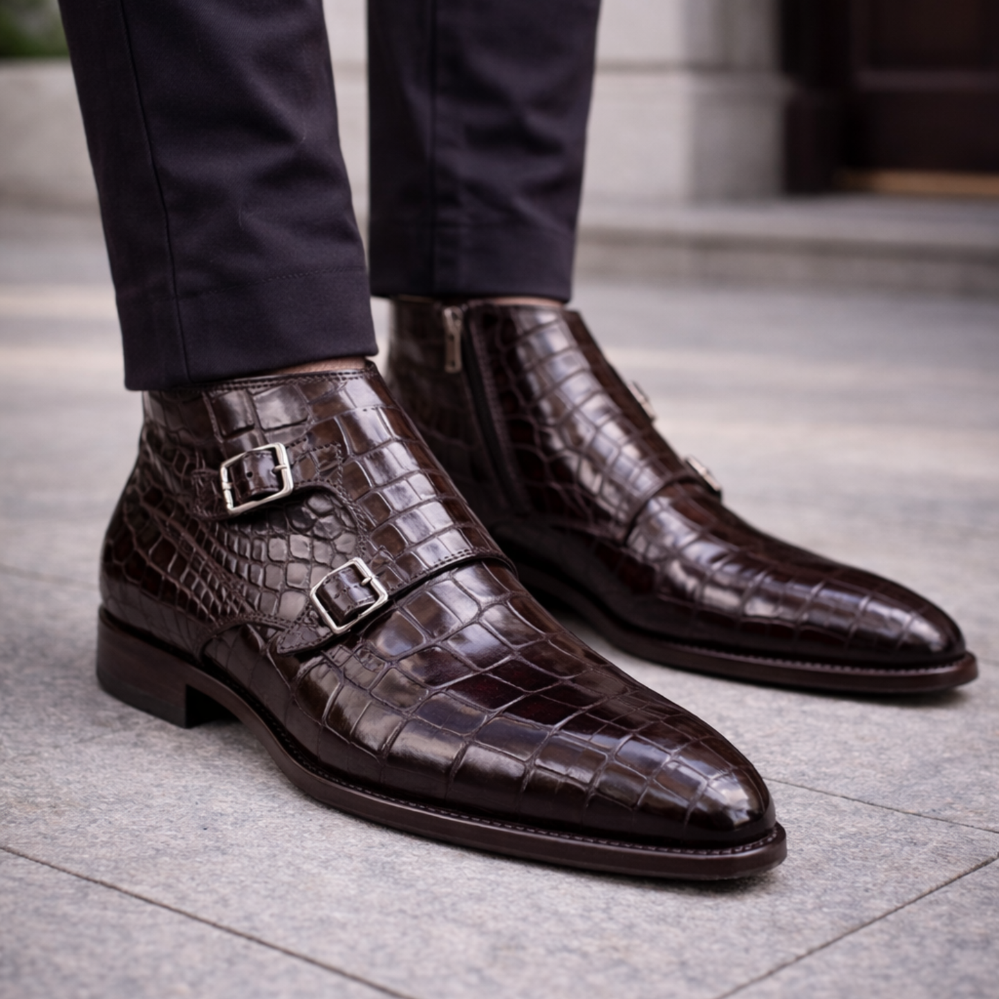 Men's Dark Brown Alligator Texture Leather Boots