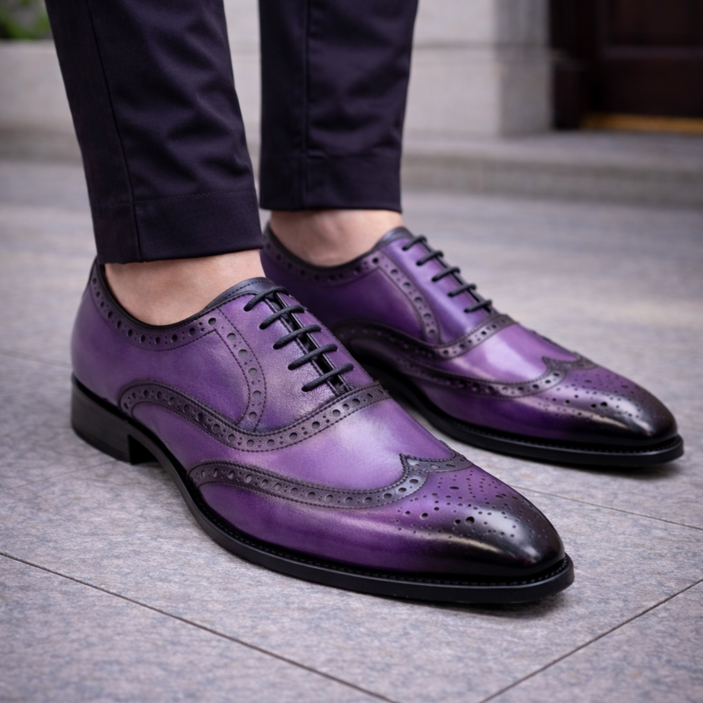 Men's Genuine Purple Leather Wingtip Oxford Shoes