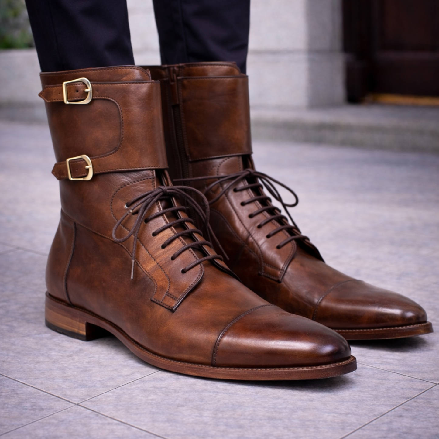 Men's Brown Leather Double Buckle Military Boots