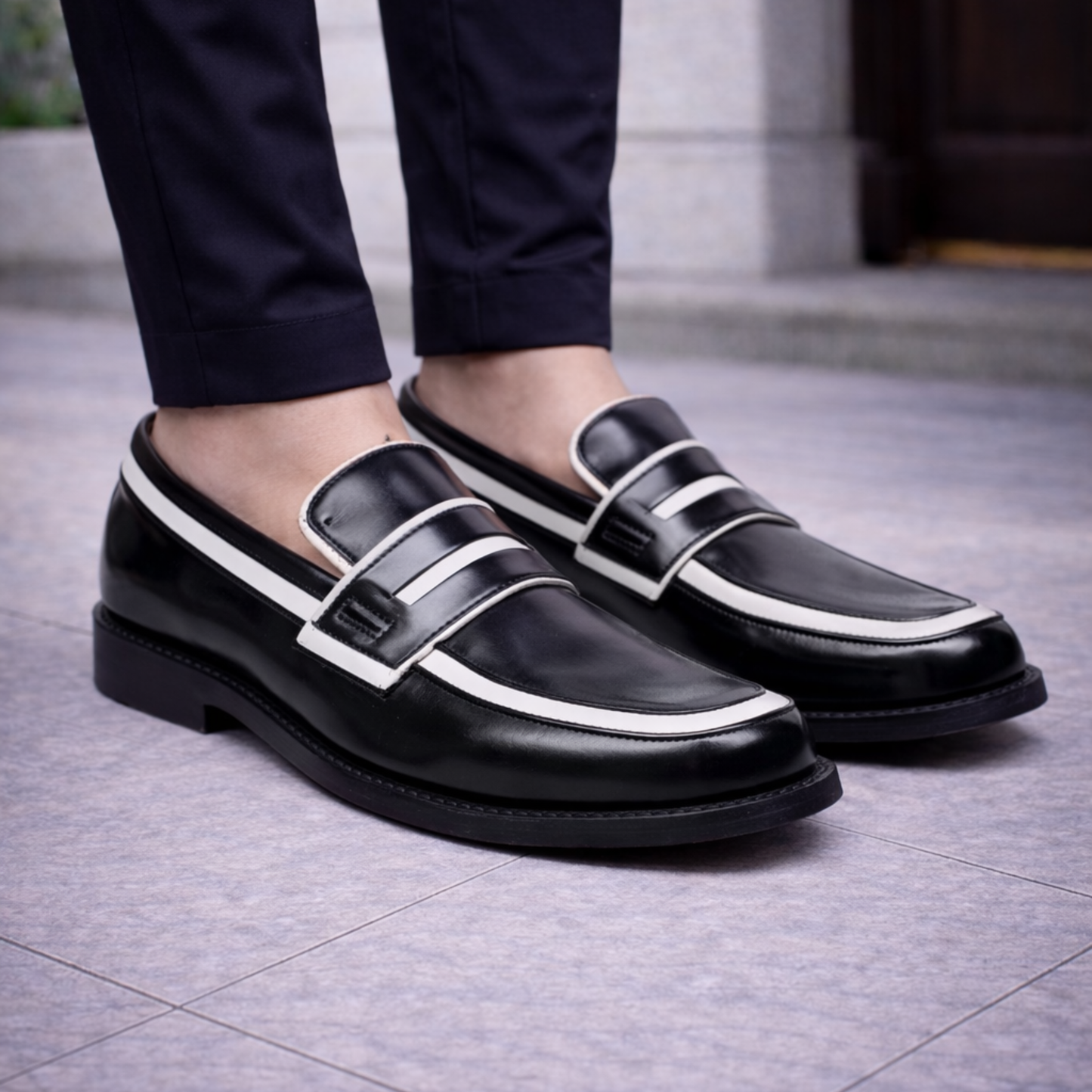 Handmade Men's Black & White Leather Penny Loafers