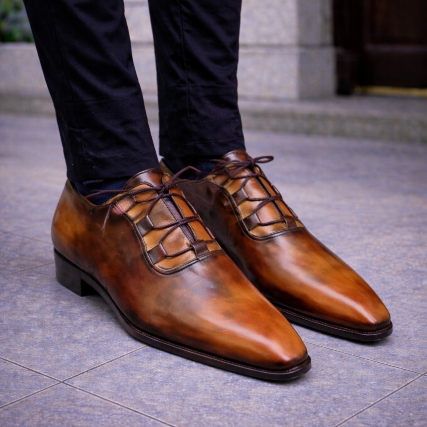Men's Tan Patina Leather Luxury Dress Shoes
