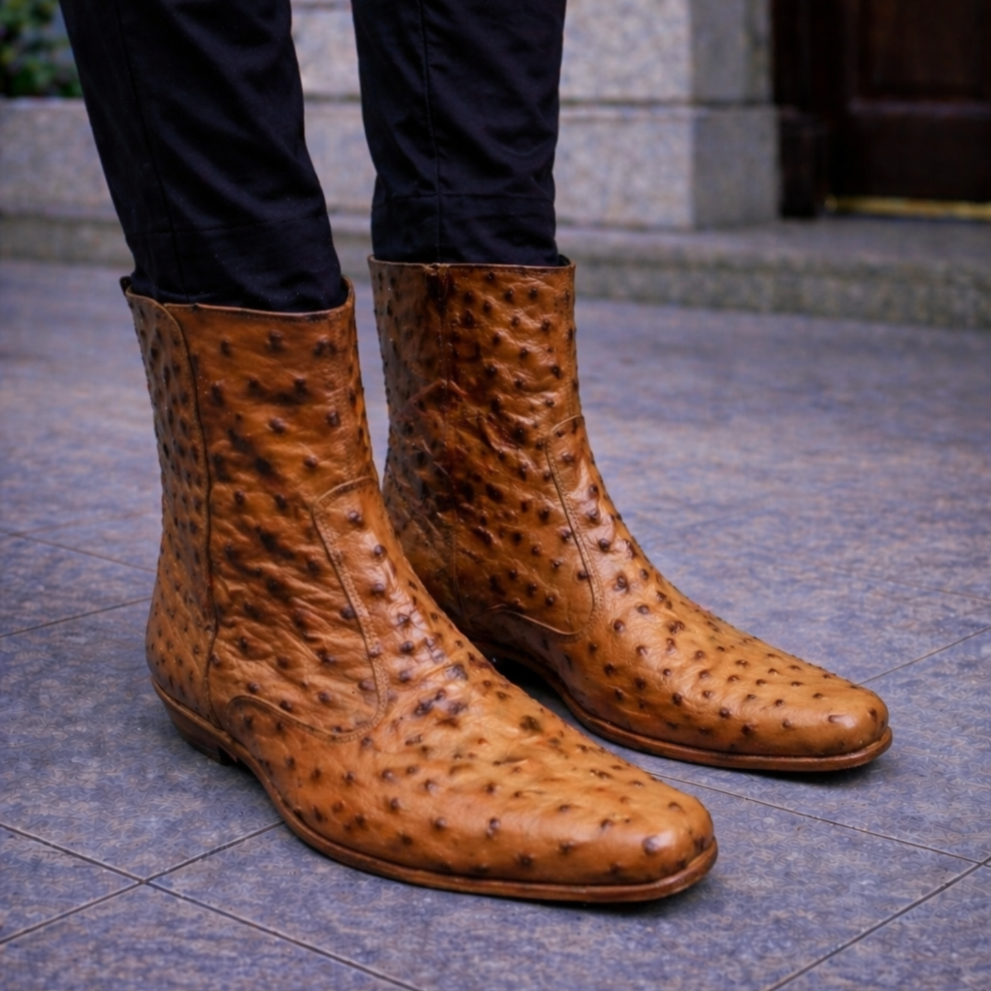 Men's Tan Zipper Closure Ostrich Leather Boots
