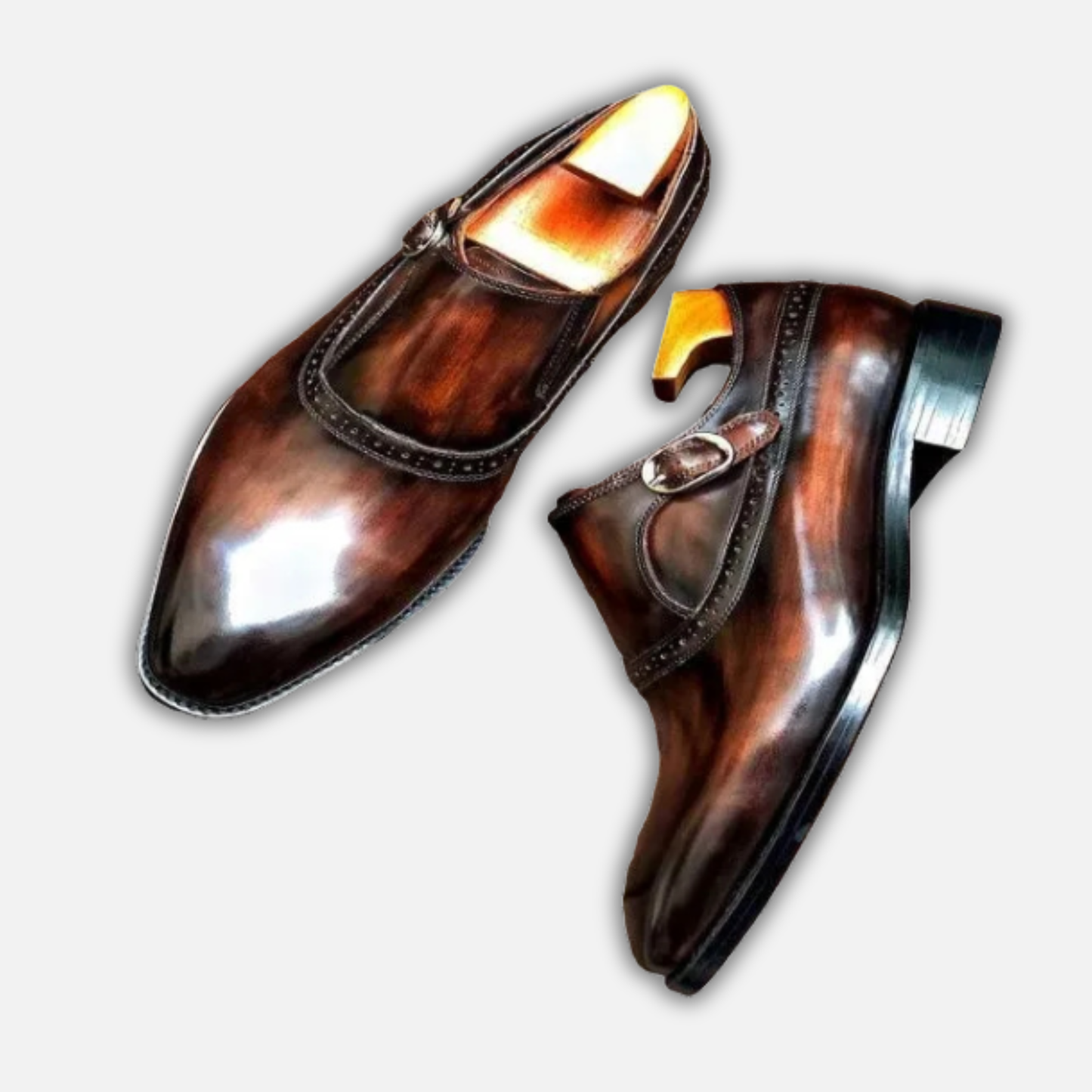Men's Brown Patina Leather Monk Style Derby Shoes