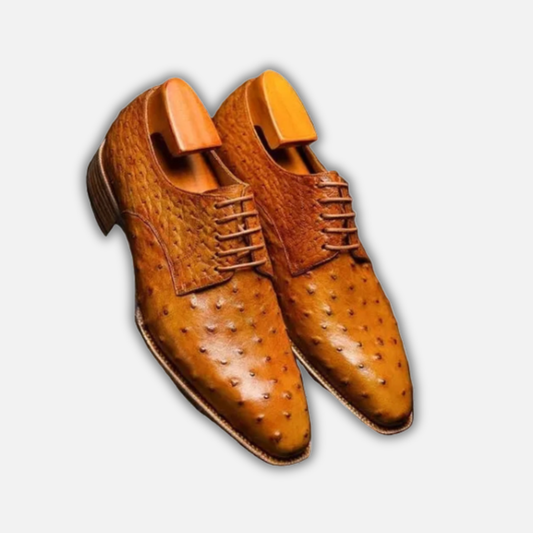 Handmade Men's Tan Derby Ostrich Leather Shoes