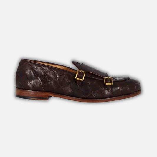 Dark brown moccasin with double golden buckle for men in woven leather