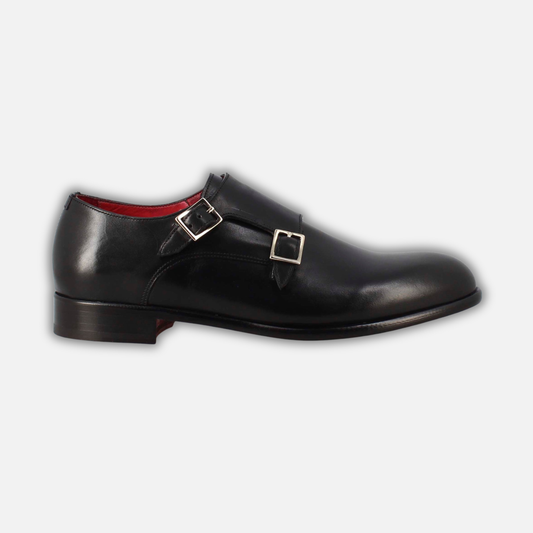 Men's double buckle shoe in black leather