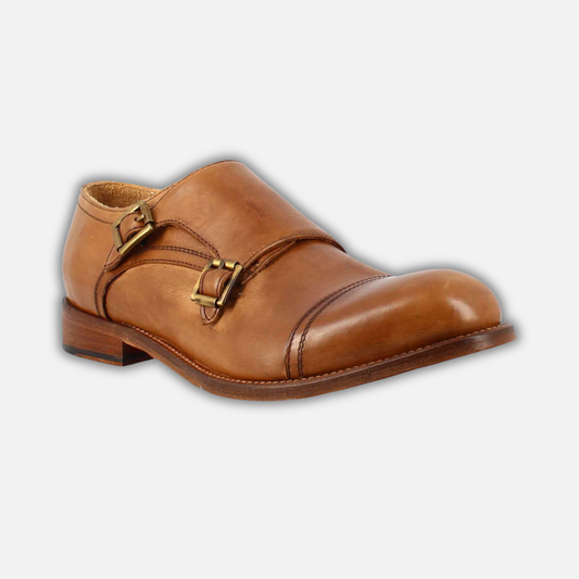 Men's elegant vintage beige double buckle shoe in leather