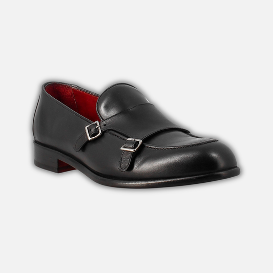 Black double buckle moccasin for men