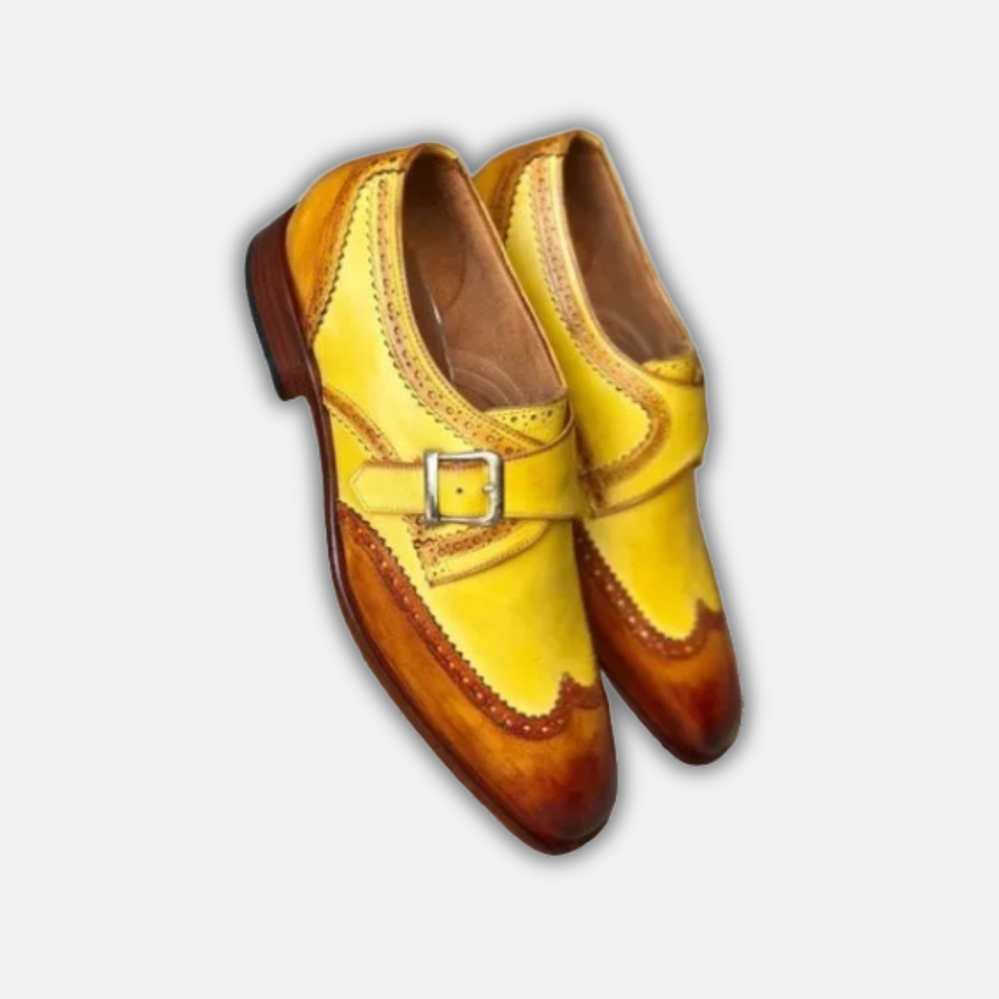 Handmade Men's Brown & Yellow Leather Monk Buckle Shoes