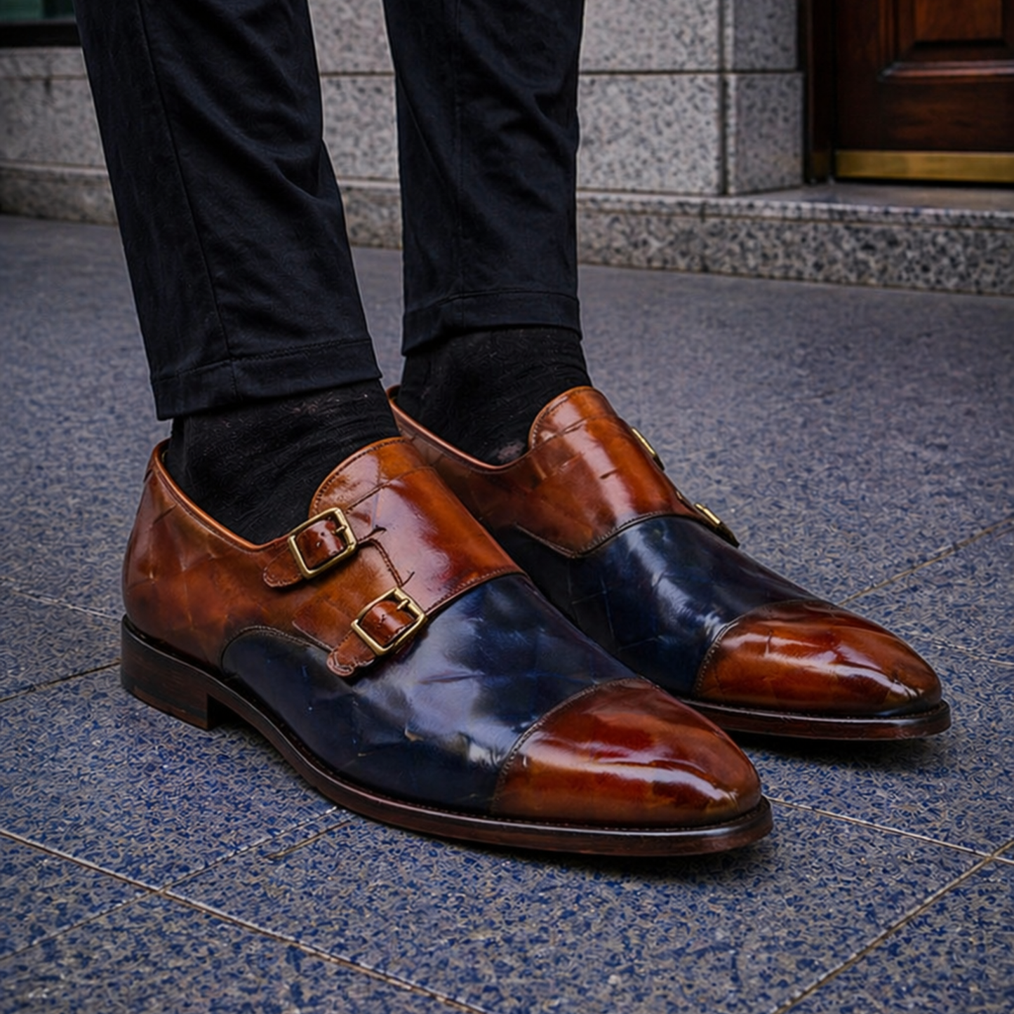Men's Brown & Blue Patina Leather Double Monk Shoes