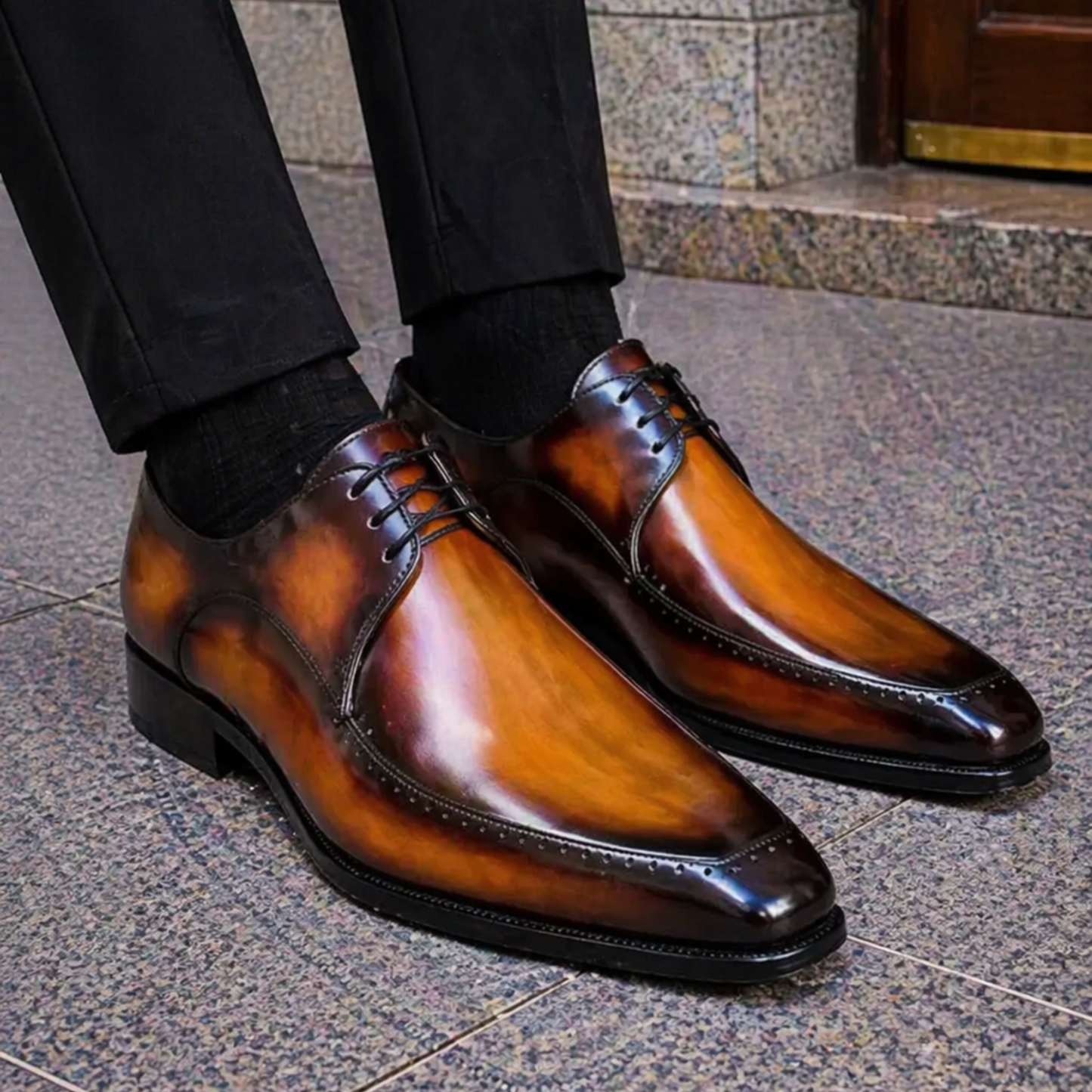 Men's Tan Brown Patina Leather Derby Shoes