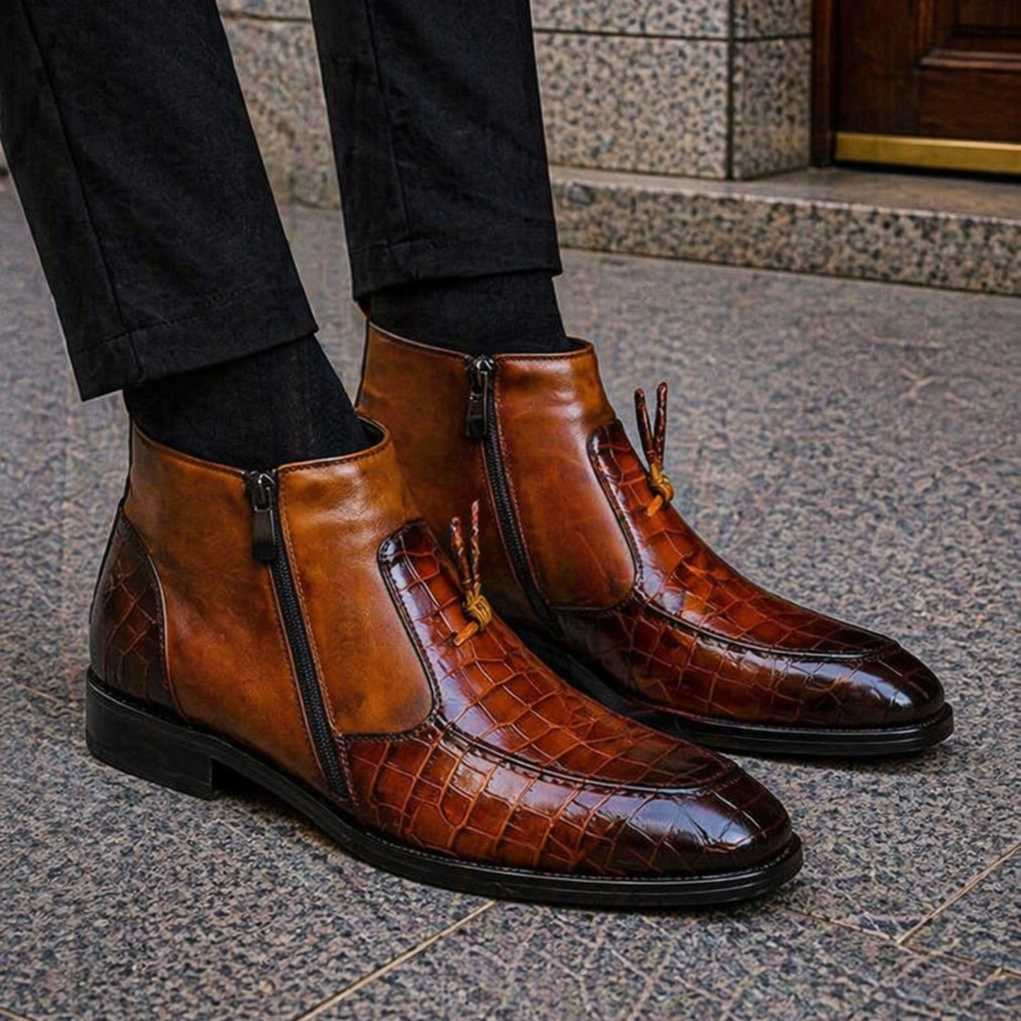 Men's Brown Alligator Texture Leather Tasseled Zipper Boots