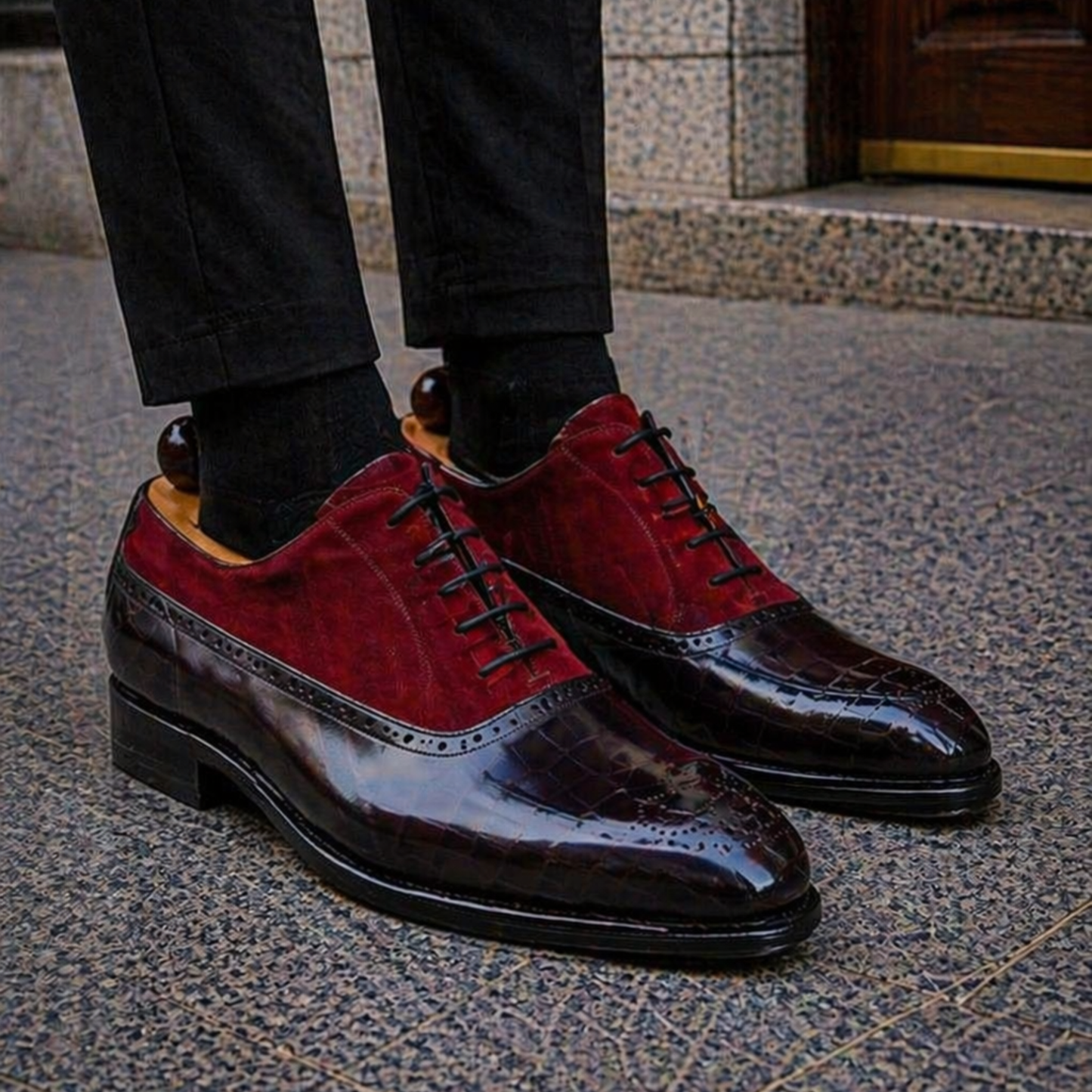 Men's Black & Maroon Suede Leather Oxford Shoes