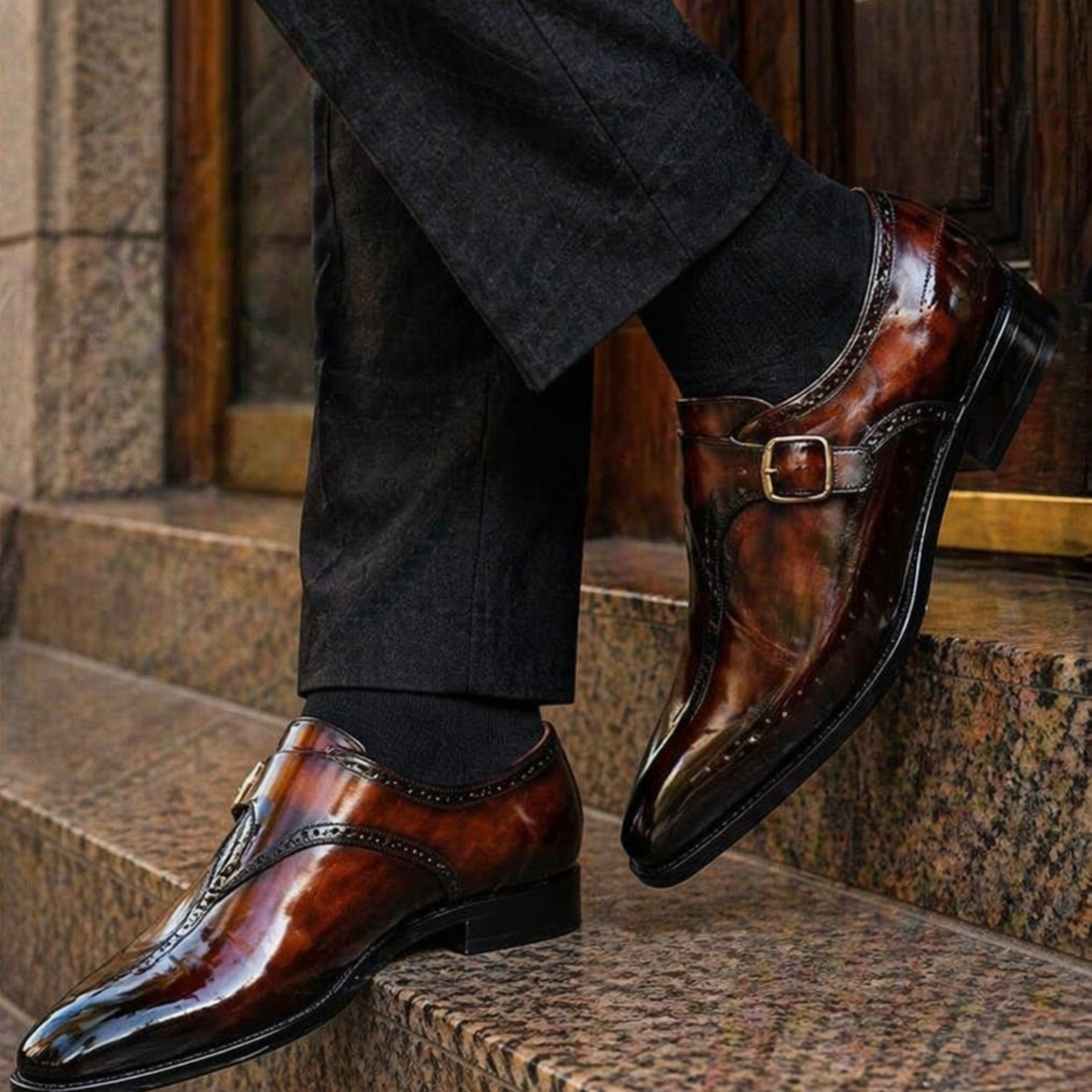 Men's Brown Patina Leather Monk Style Derby Shoes