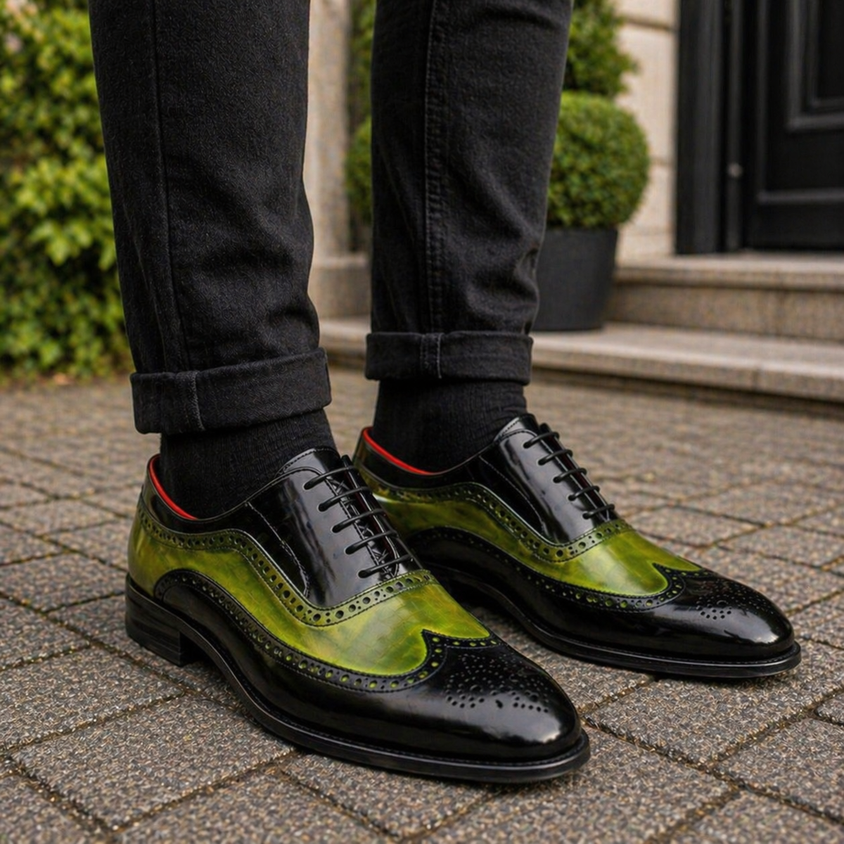 Men's Dual Tone Green Leather Wingtip Brogue Oxfords