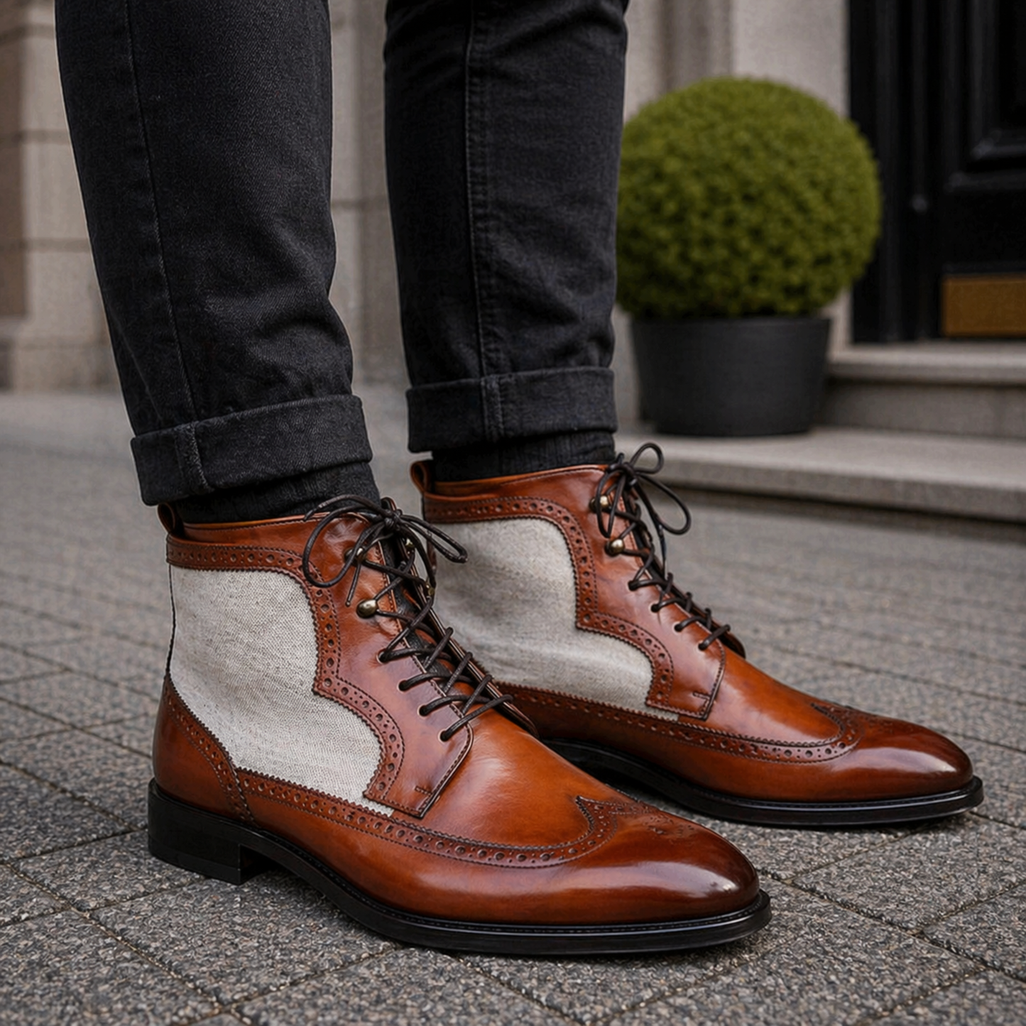 Men's Brown & White Suede Leather Ankle High Boots