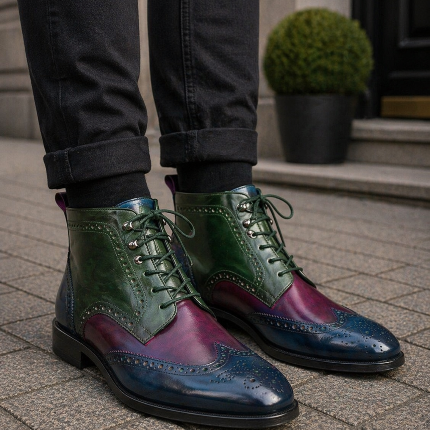 Men's Handmade Tri Tone Wingtip Ankle High Boots