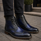 Handmade Men's Blue Patina Leather Wingtip Boots