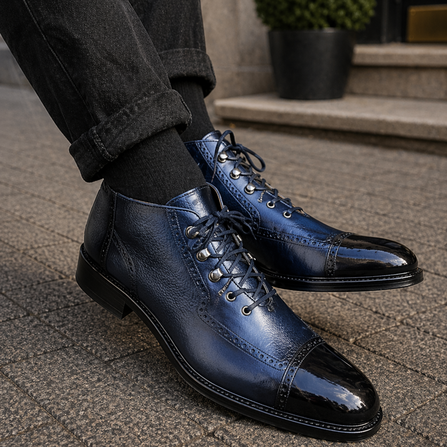 Men's Blue Pebbled Leather Ankle High Boots