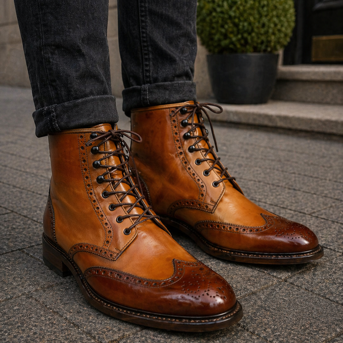 Men's Dual Tone Brown Leather Ankle High Wingtip Boots