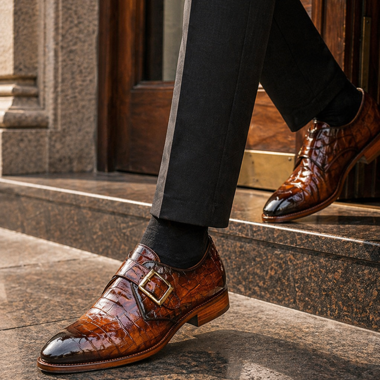 Men's Brown Crocodile Texture Leather Monk Shoes