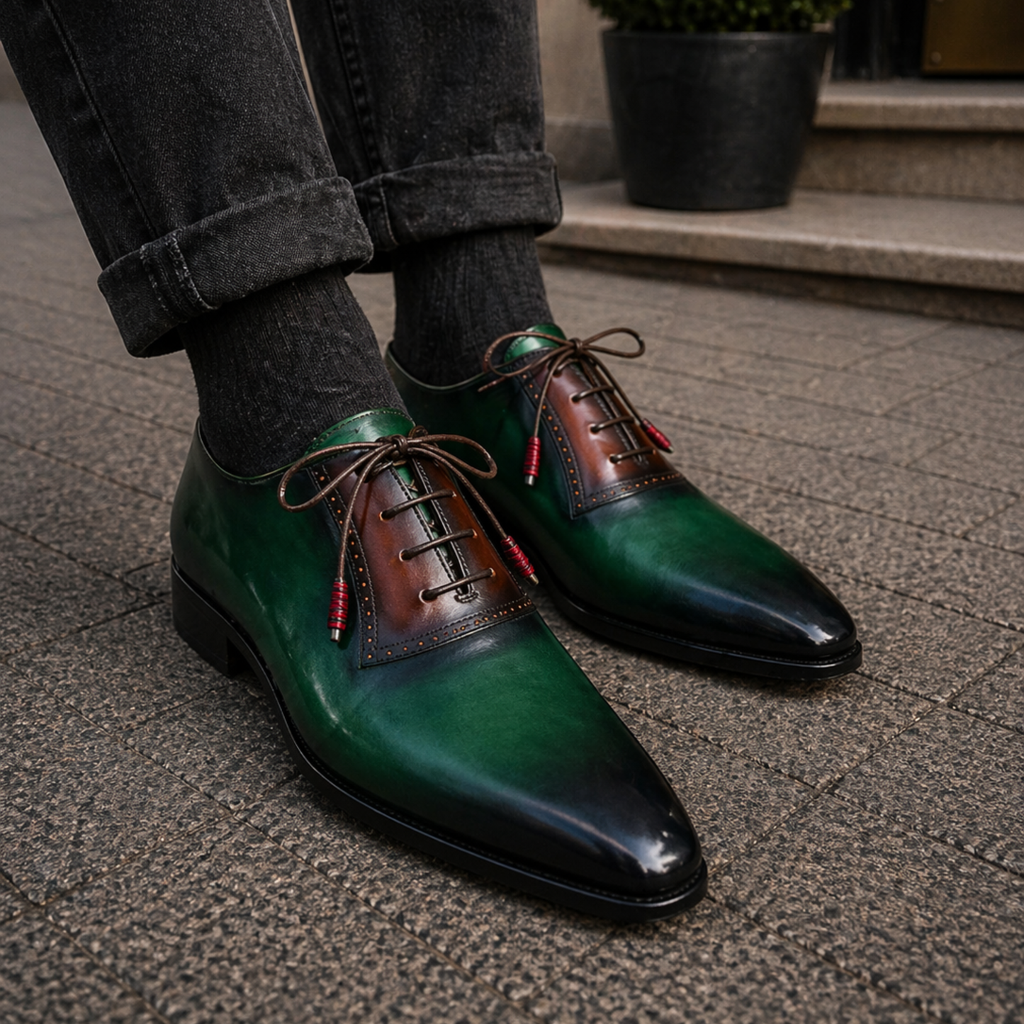 Men's Green & Brown Patina Leather Oxford Shoes