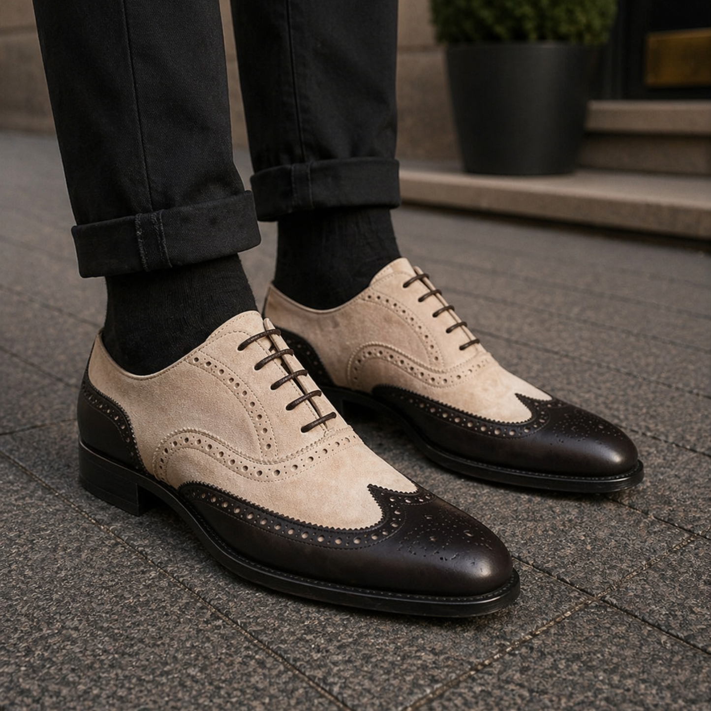 Men's Black & Beige Suede Leather Wingtip Oxford Shoes