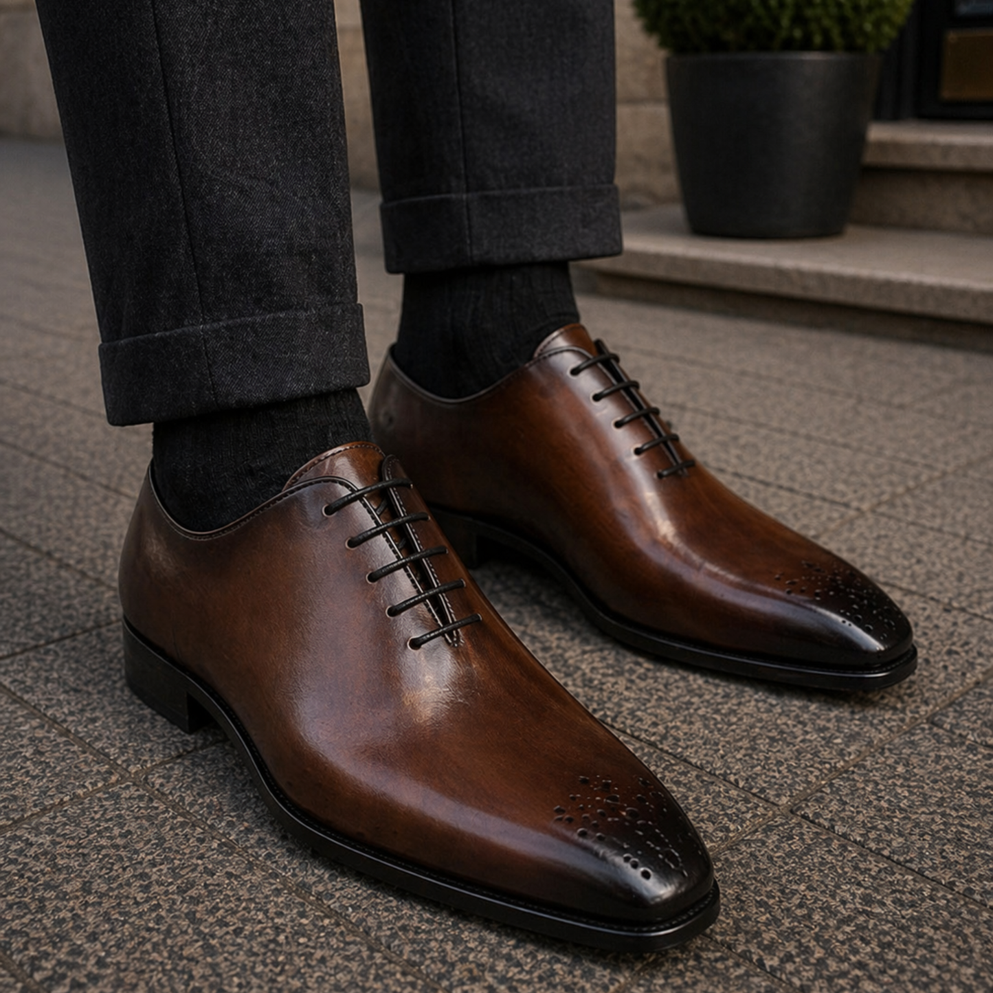 Handmade Men's Brown Patina Leather Formal Dress Shoes