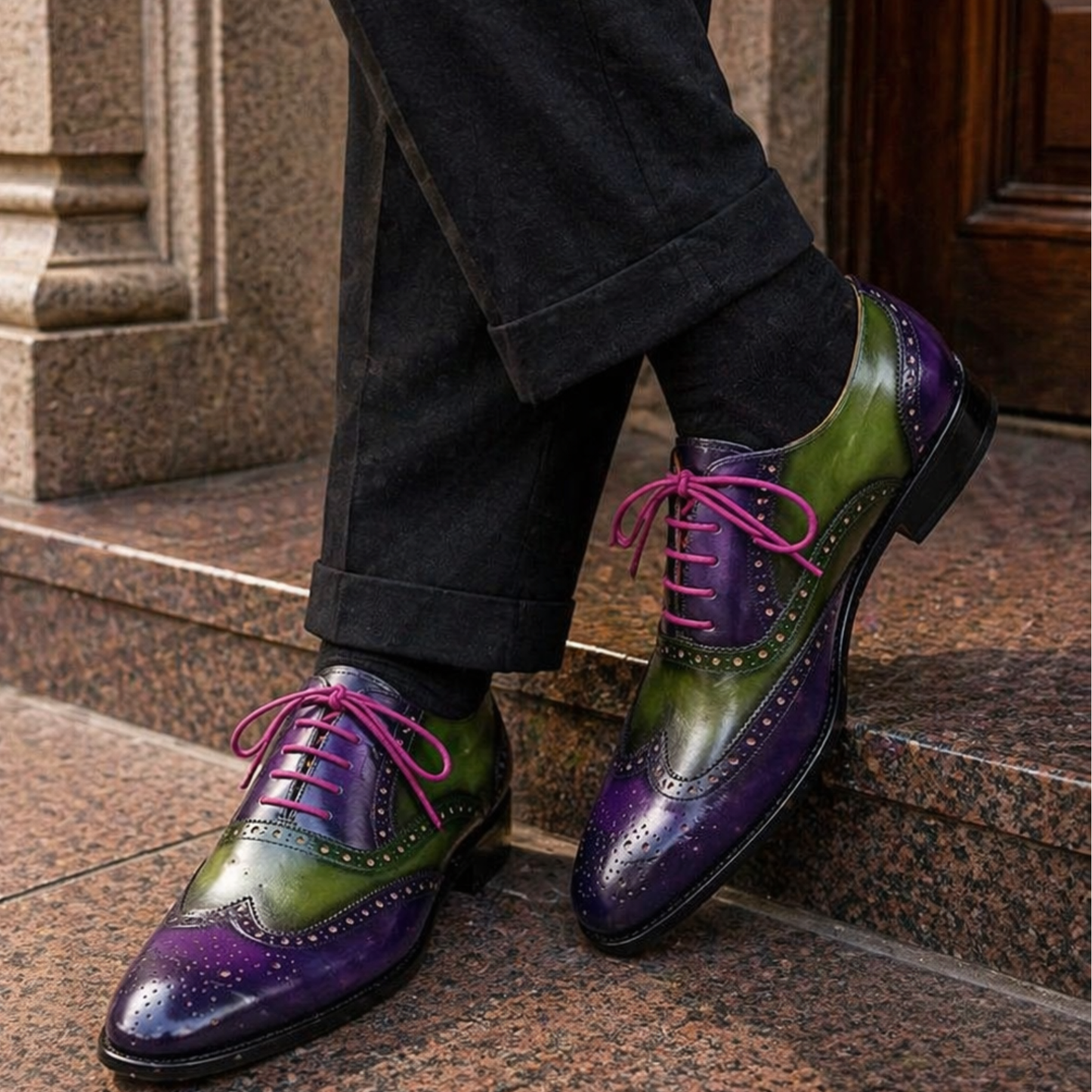 Men's Purple & Green Patina Leather Wingtip Oxford Brogue Shoes