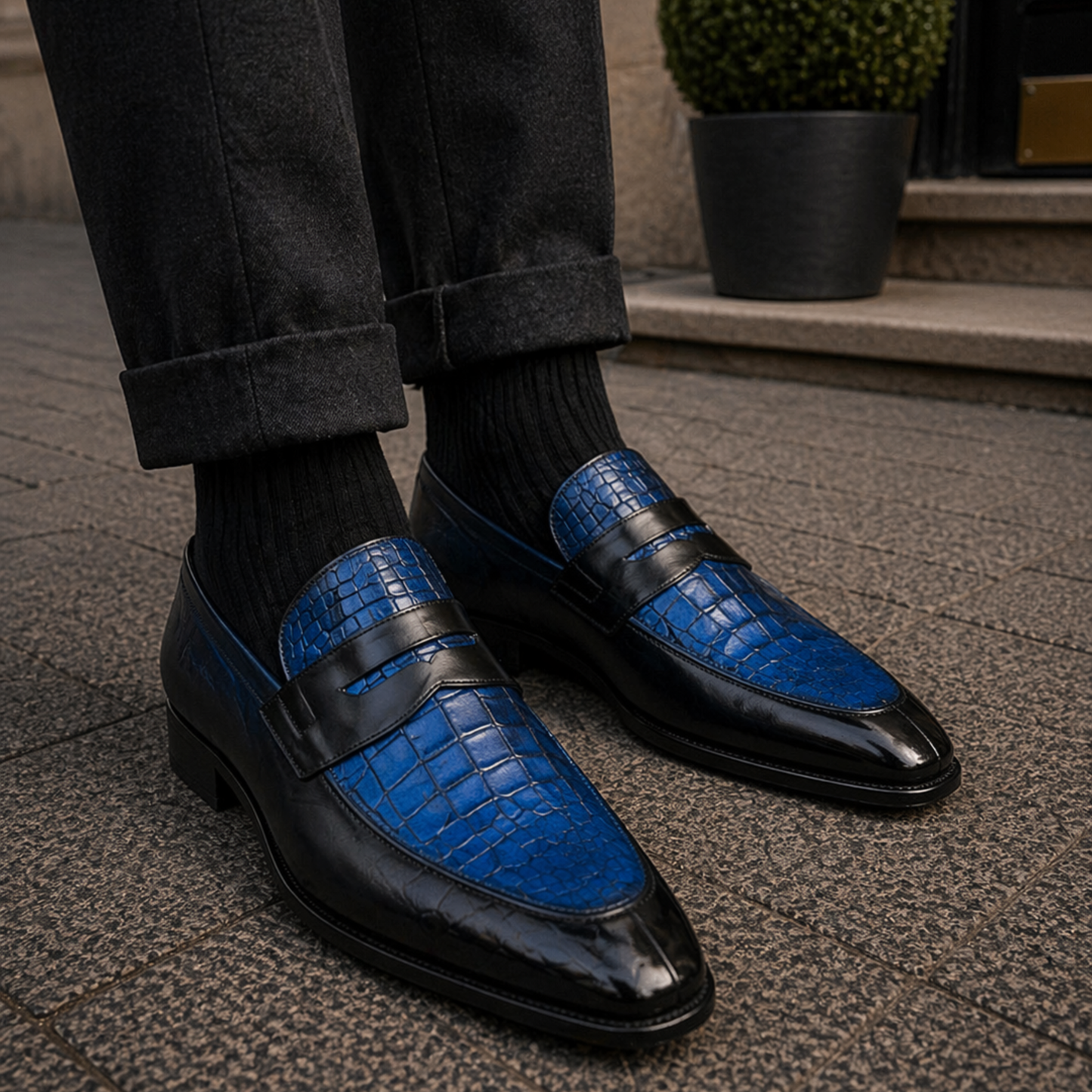 Men's Genuine Black & Blue Leather Penny Loafers