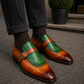 Men's Brown & Green Leather Monk Buckle Dress Loafers