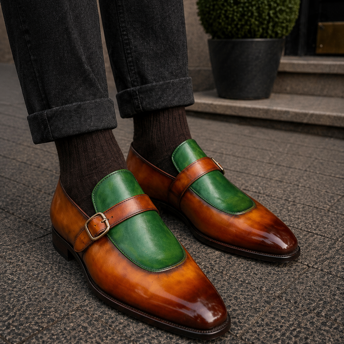 Men's Brown & Green Leather Monk Buckle Dress Loafers