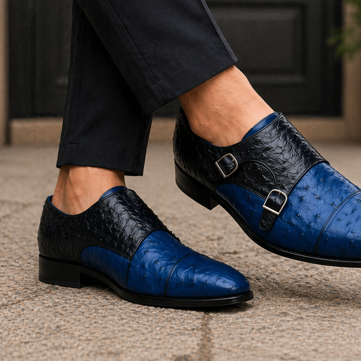 Men's Two Tone Blue Ostrich Impression Leather Oxford Shoes