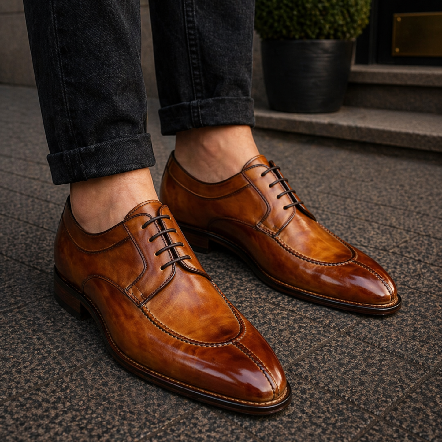 Men's Tan Brown Leather Slip Toe Oxford Shoes