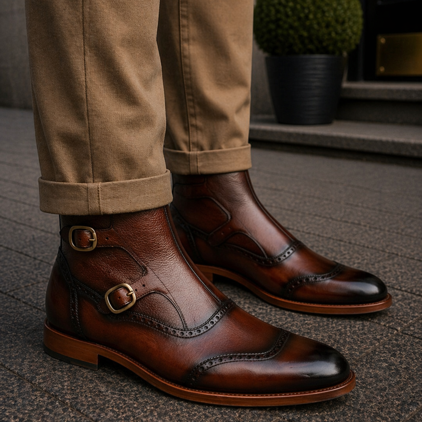 Men's Brown Patina Leather Ankle High Boots