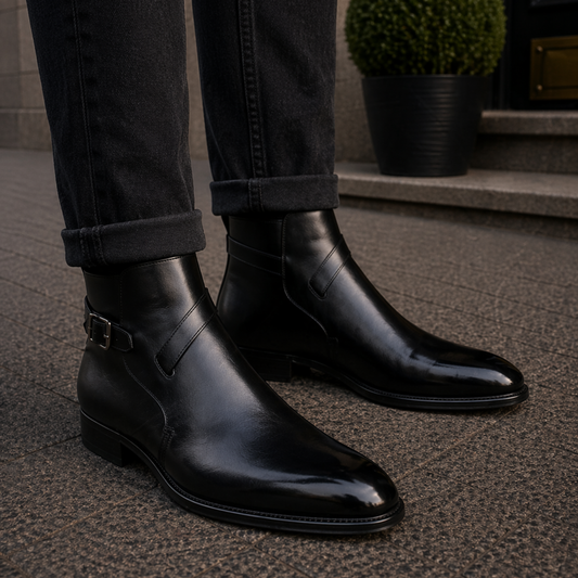 Handmade Men's Black Leather Ankle High Jodhpur Boots