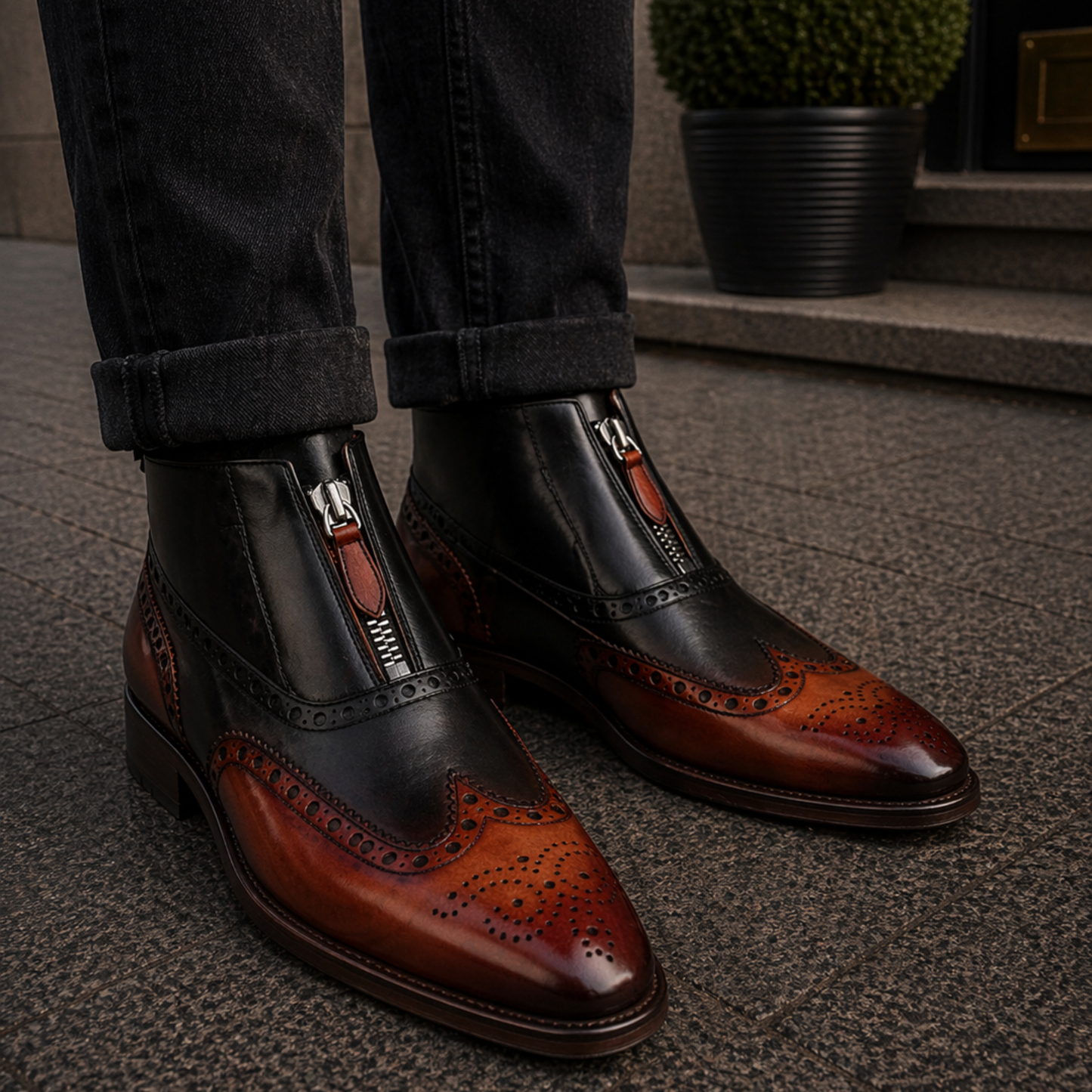 Men's Brown & Black Leather Wingtip Zipper Shoes